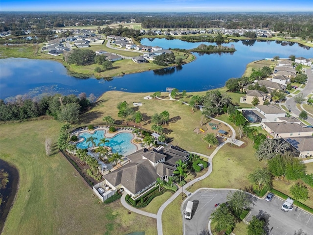 aerial view featuring a water view and a residential view