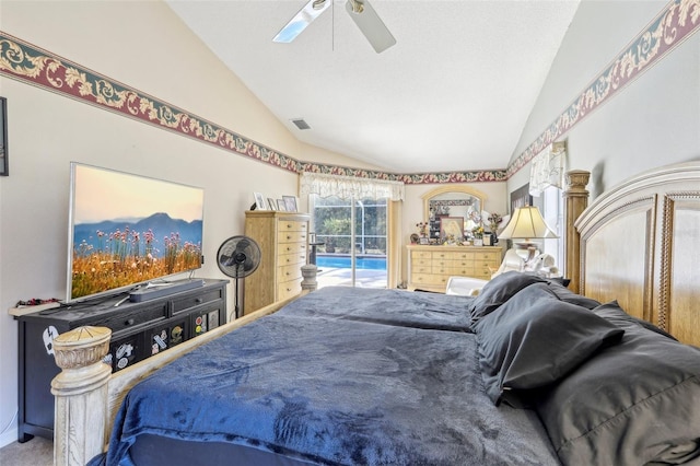 carpeted bedroom with ceiling fan, access to exterior, and vaulted ceiling