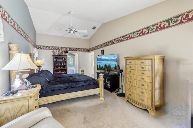 carpeted bedroom featuring ceiling fan and lofted ceiling