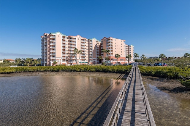 view of building exterior featuring a water view