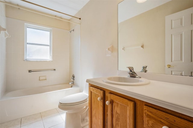 full bath with tile patterned flooring, toilet, vanity, and shower / bath combination