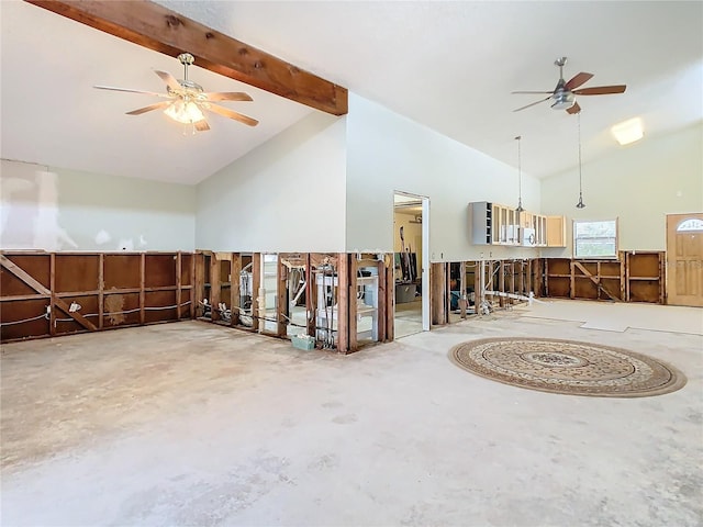 interior space with beam ceiling, high vaulted ceiling, and ceiling fan