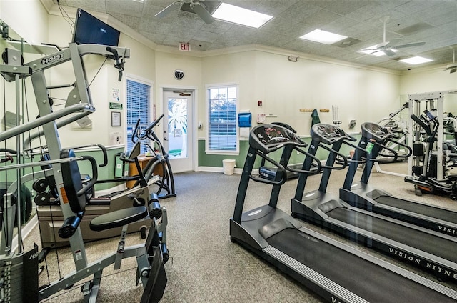 exercise room with crown molding, a paneled ceiling, and ceiling fan