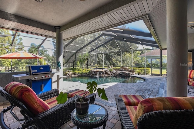 view of patio featuring pool water feature, a pool with hot tub, glass enclosure, and area for grilling