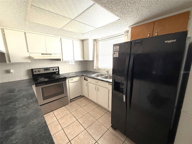 kitchen featuring sink, white cabinetry, stainless steel electric range oven, black refrigerator with ice dispenser, and white dishwasher