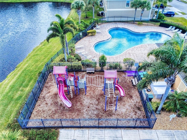 drone / aerial view featuring a water view