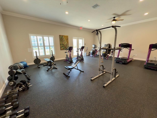 workout area featuring ornamental molding, ceiling fan, and french doors