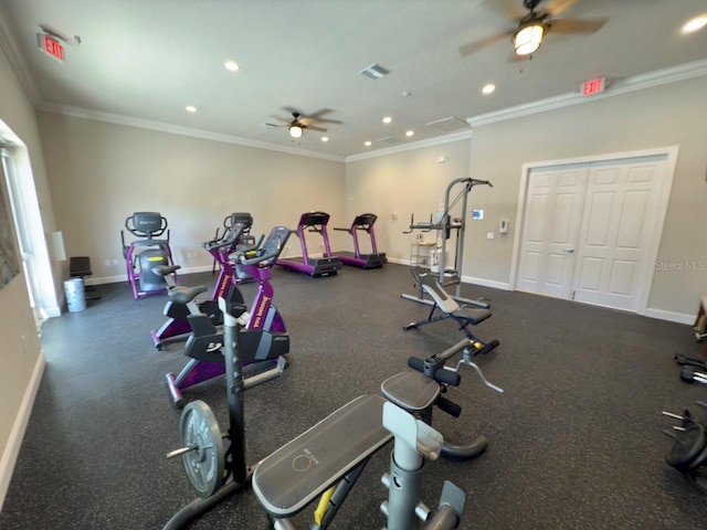 gym with ceiling fan and ornamental molding