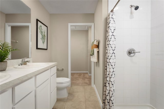 bathroom with toilet, a shower with shower curtain, tile patterned flooring, and vanity