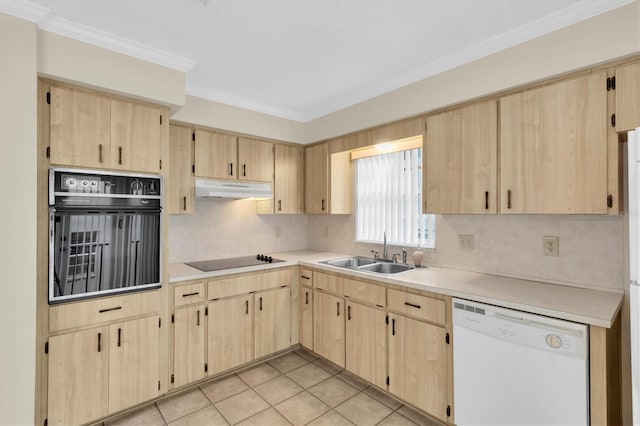 kitchen with sink, black appliances, light brown cabinetry, and light tile patterned floors