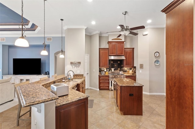 kitchen featuring hanging light fixtures, ornamental molding, kitchen peninsula, a breakfast bar, and high end stainless steel range