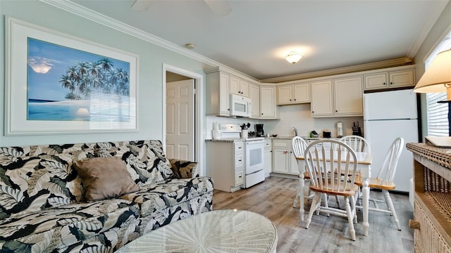 kitchen with crown molding, white appliances, tasteful backsplash, and light wood-type flooring