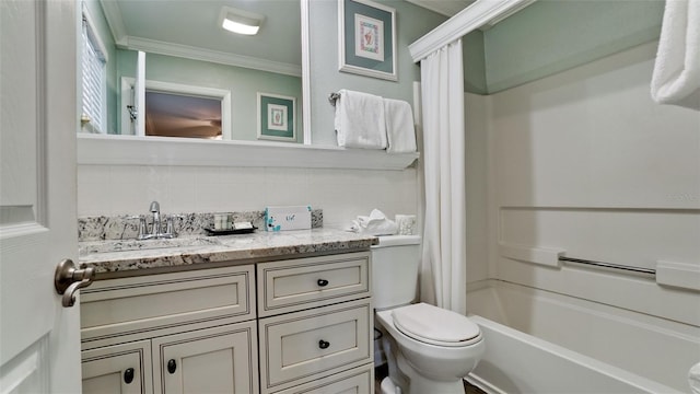 full bathroom featuring crown molding, shower / bath combo, tasteful backsplash, toilet, and vanity