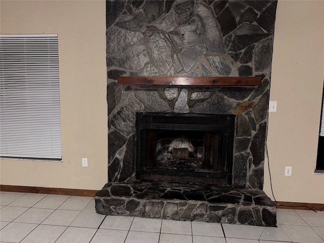 room details featuring a stone fireplace