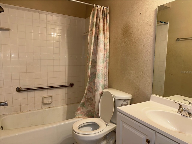 full bathroom with shower / bath combo, toilet, and vanity