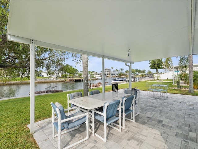 view of patio with a water view