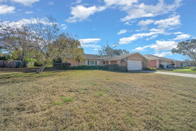 single story home with a garage and a front lawn