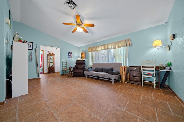 living room with vaulted ceiling and ceiling fan