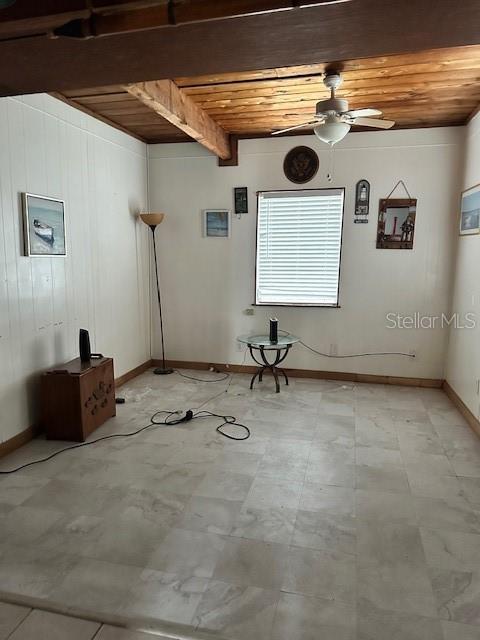 interior space with beam ceiling, wooden ceiling, and ceiling fan