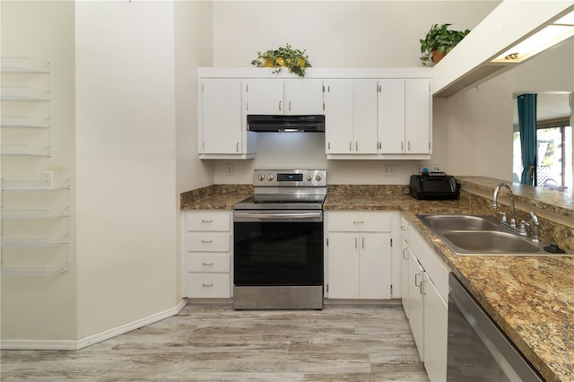 kitchen featuring sink, dishwasher, white cabinets, stainless steel range with electric cooktop, and light wood-type flooring