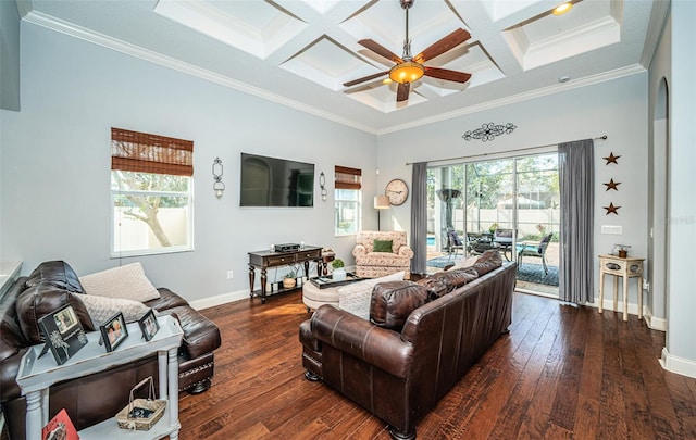 living room with coffered ceiling, dark hardwood / wood-style floors, and crown molding