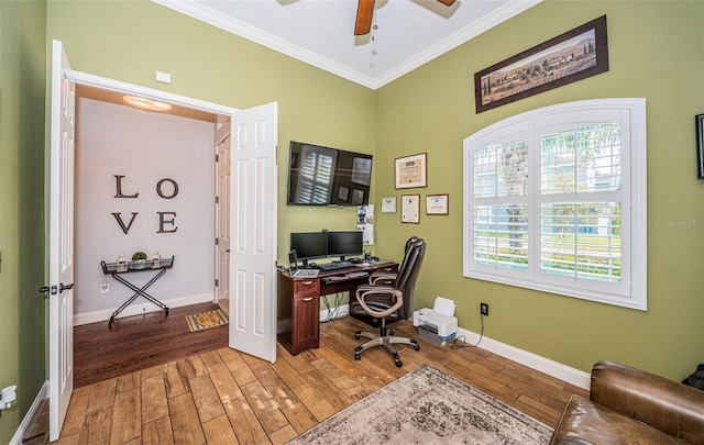 home office featuring hardwood / wood-style flooring, ceiling fan, and ornamental molding