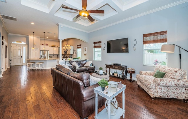 living room featuring crown molding, coffered ceiling, ceiling fan, and dark hardwood / wood-style floors