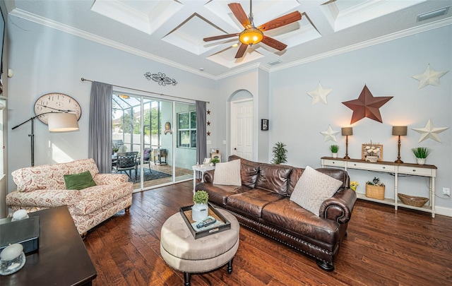 living room with crown molding, coffered ceiling, ceiling fan, and dark hardwood / wood-style flooring