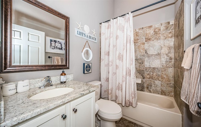 full bathroom with vanity, toilet, and shower / bath combo with shower curtain