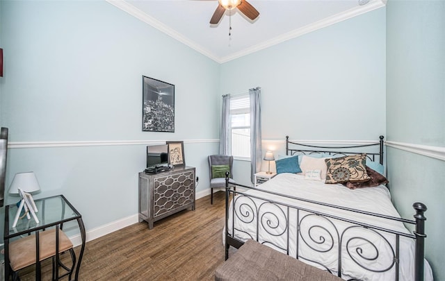 bedroom with crown molding, ceiling fan, and dark wood-type flooring