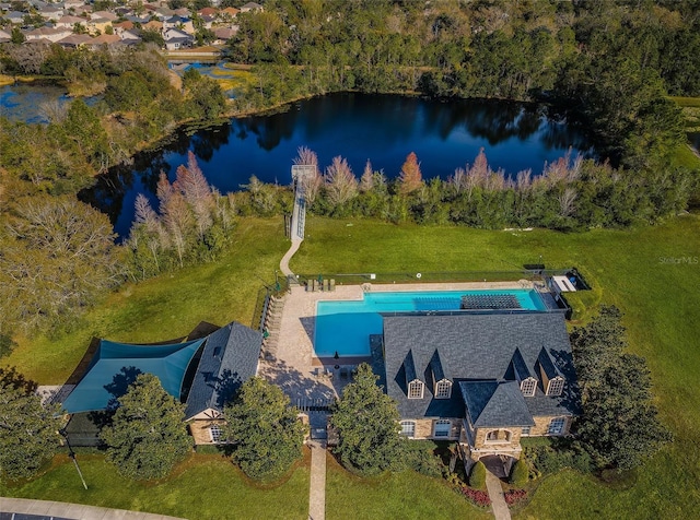 birds eye view of property featuring a water view