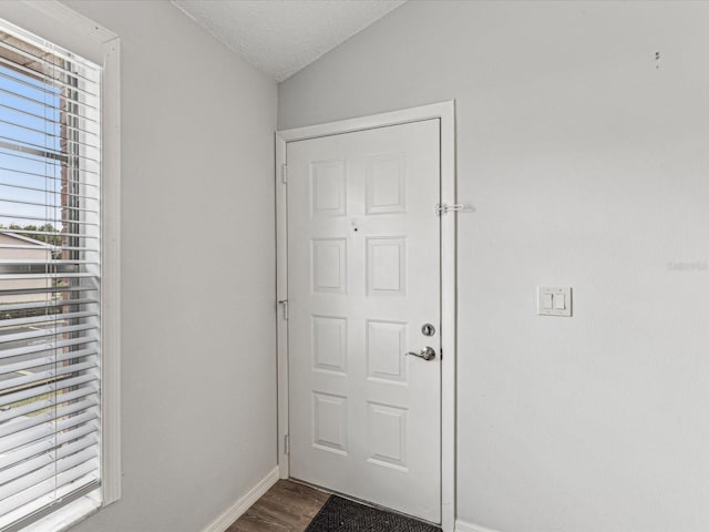 entryway featuring lofted ceiling, hardwood / wood-style floors, and a textured ceiling