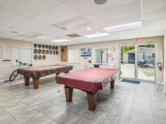 rec room featuring a paneled ceiling and billiards