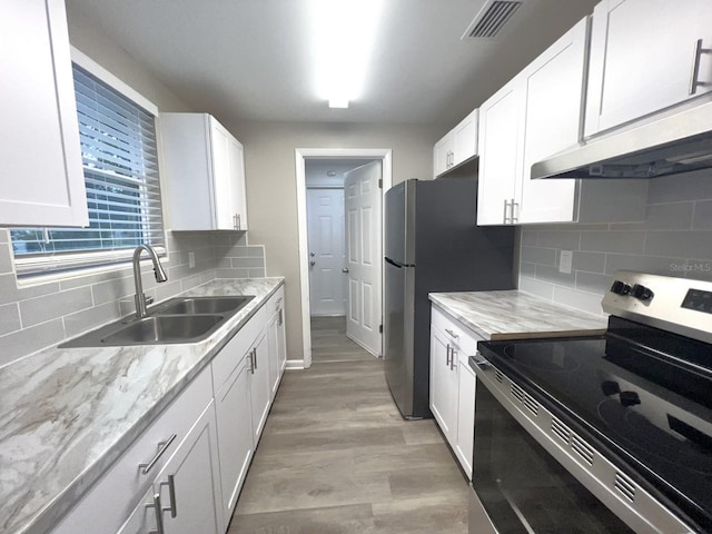 kitchen with sink, stainless steel appliances, white cabinetry, and decorative backsplash