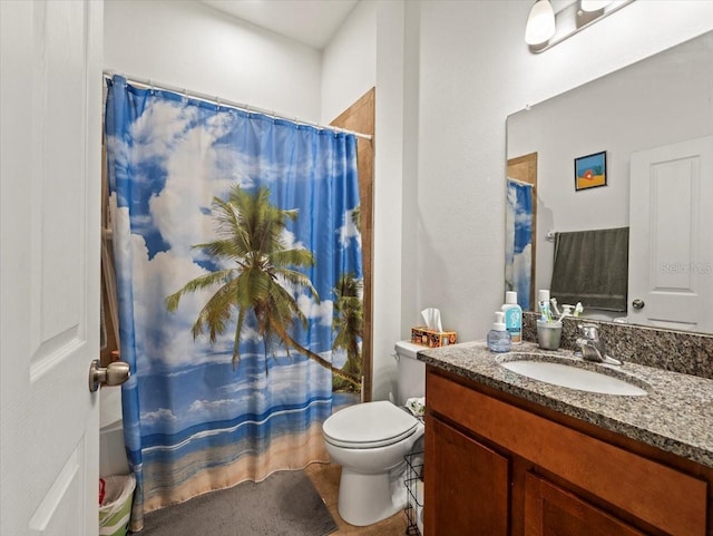 bathroom featuring vanity, toilet, and a shower with shower curtain