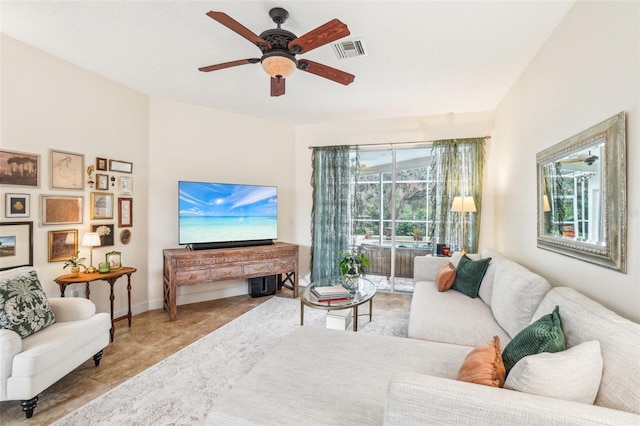 living room with ceiling fan