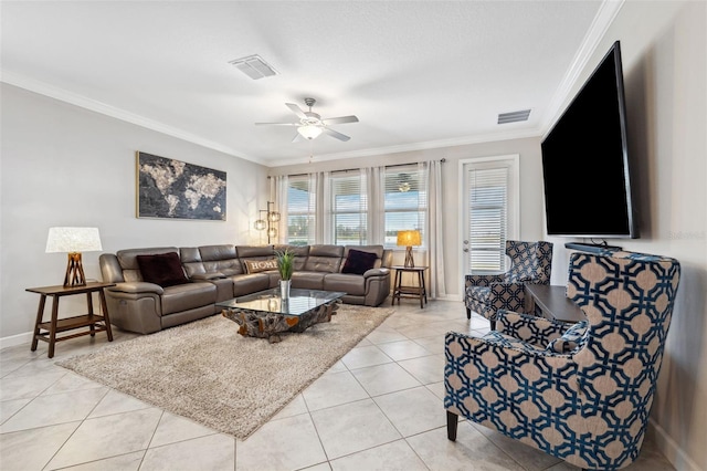 tiled living room with crown molding and ceiling fan