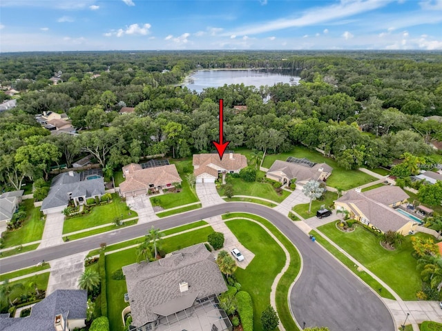 aerial view featuring a water view