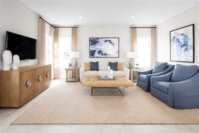 living room with light tile patterned flooring