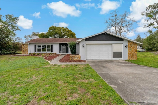 ranch-style home with driveway, an attached garage, stucco siding, a chimney, and a front lawn