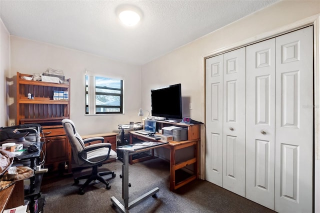 carpeted home office with a textured ceiling