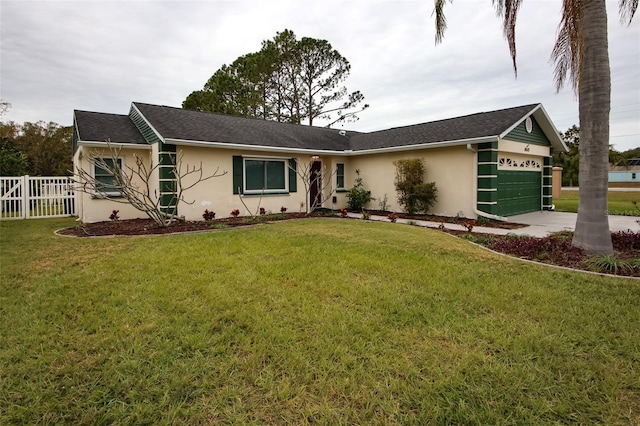 ranch-style house with a garage and a front yard