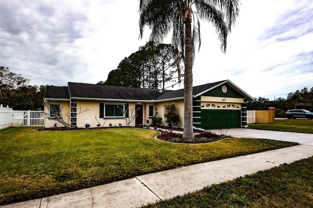 ranch-style home with a garage and a front lawn