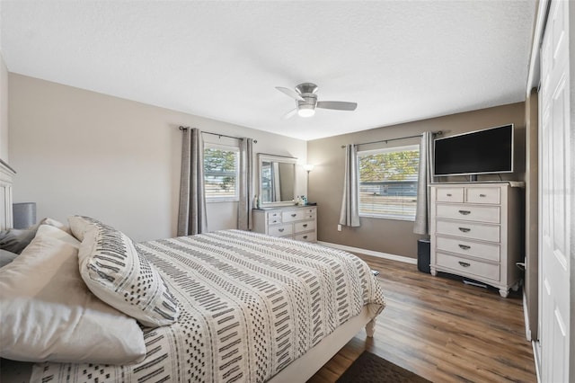 bedroom with multiple windows, dark hardwood / wood-style floors, and ceiling fan