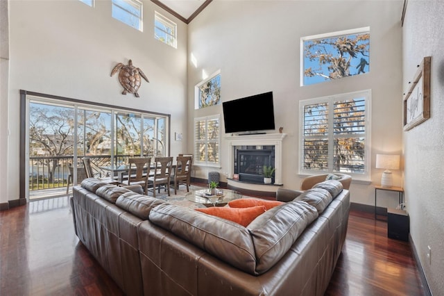 living room featuring dark hardwood / wood-style flooring, crown molding, and a towering ceiling