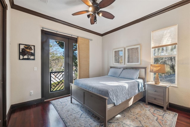 bedroom featuring ceiling fan, ornamental molding, access to exterior, and dark hardwood / wood-style flooring