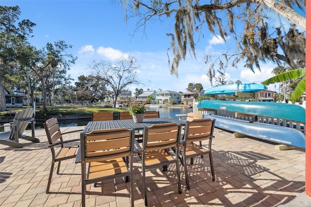 view of patio featuring a water view and a pool