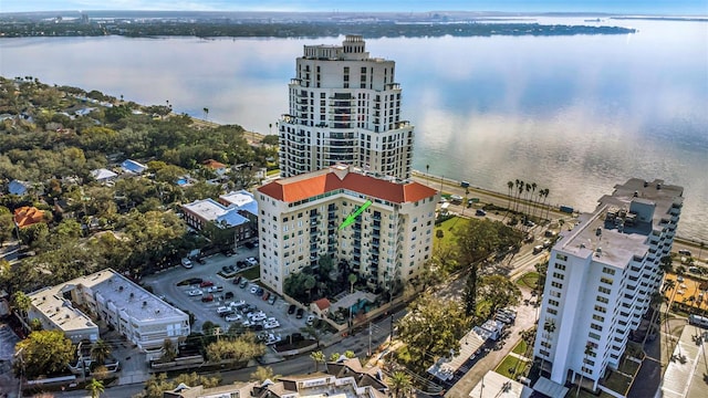 drone / aerial view featuring a water view