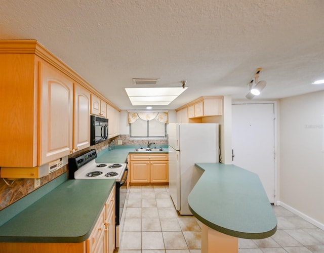 kitchen featuring sink, light tile patterned floors, black appliances, light brown cabinets, and a textured ceiling