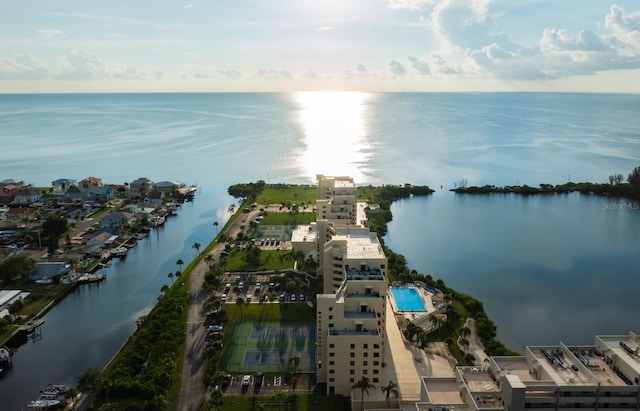 drone / aerial view with a water view